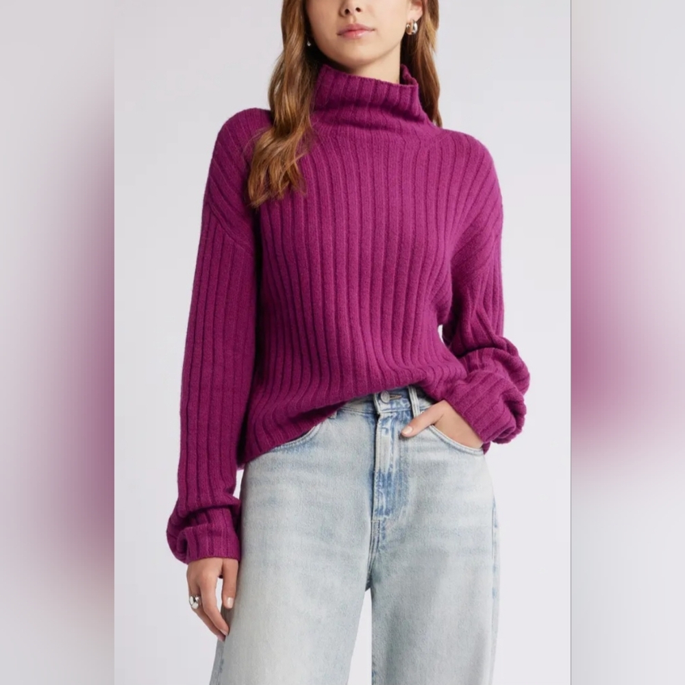 Open Edit Cotton Blend Raspberry Pink Ribbed Sweater Size M - Picture 1 of 7